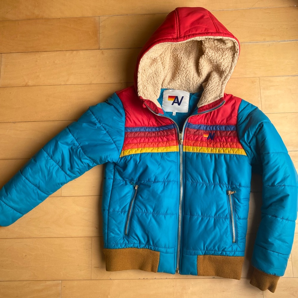 🌈AVIATOR NATION 5 STRIPE DOWN PUFFER COAT WITH SHERPA LINED HOOD🌈